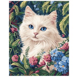 Ragdoll Cat with White Color Paint by Number Kits for Adults, Cat in Flowers Paint by Numbers for Beginners, Cat with Blue Eyes Acrylic Paints Oil Painting for Home Decor(16×20inches, No Frame)