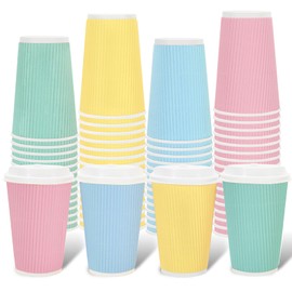 Whaline 100Pcs Pastel Color Disposable Coffee Cups with Lids 16oz Yellow Pink Blue Green Paper Cups Corrugated Ripple Wall Insulated Hot Cups for Home Office Party Supplies