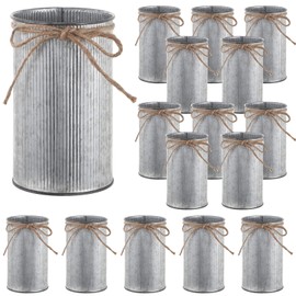 16 PCS Galvanized Flower Vases, 4.33in Rustic Galvanized Iron Vase with Twine Bowknot, Small Farmhouse Metal Vase with Non-Slip Stripes