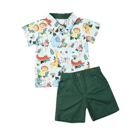 Geagodelia Toddler Boys Summer Outfits Short Sleeve Lapel Button T-shirts Shorts Set Little Kids 2pcs Cartoon Animal Print Clothes (Green, 4-5 Years)
