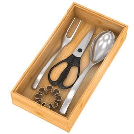 Drawer Organizer Utensil Holder for Kitchen, Small Wood Silverware Storage Organizer, Stackable Box Tray for Cutlery, Flatware, Bathroom Countertop Caddy for Makeup, Jewelry(12"6"2.5")