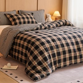 hadamick 100% Cotton Comforter Set Queen Size – Reversible Yarn-Dyed Checkered Design, Soft Washed Cotton on Both Sides, Lightweight All-Season Bedding, Machine Washable(Black Red Plaid, 90”x90”)