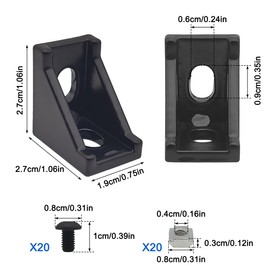 10 Set Black 2020 Series Aluminum Extrusion Profile Corner Bracket, L Shape Connectors wtih 20 Pcs M5 T Slot Nuts + 20 Pcs M5 Hex Bolts for 1/4 20/20 V T Slot Rail Perfil Extruded Aluminum Connect