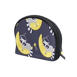 Grey Raccoon Astronauts on Yellow Crescent Moon Seamless On Dark Women Shell Shape Makeup Bag, Portable Coin Purse Holder Zipper Pouch Travel Cosmetic Organizer,Train Toiletry Storage Case