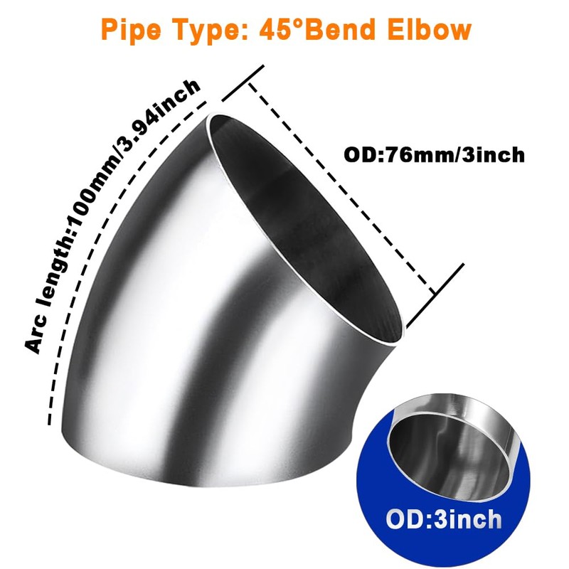 AIMCOCO 3Inch 45 Degree Stainless Steel Exhaust Elbow Pipe-16GA/. 065"
