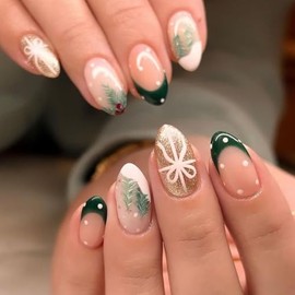 Christmas Press on Nails Short Almond Fake Nails Green French Tip False Nails with Holly Polka Dots Designs Acrylic Nail Xmas Glue on Nails Glossy Short Artificial Stick on Nail for Women