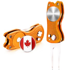 Finger Ten 2 Pack Golf Divot Repair Fixer Tools, Foldable Magnetic Pop-up Button Stainless Steel Switchblade & Free Detachable Golf Ball Marker (2 PCS Orange Cat)