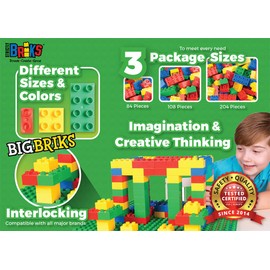 Strictly Briks - Big Briks Set - 204 Pieces - Blue, Green, Red, & Yellow - Large Building Blocks for Ages 3 and Up