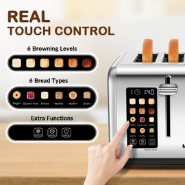 Mecity 4 Slice Toaster with Touch Screen Control, 4 Wide Slots, Stainless Steel Smart Bread Toaster for Bagels, Muffins, Waffles, Dual Control Panel, Timer, Defrost, Reheat, 120V 1650W