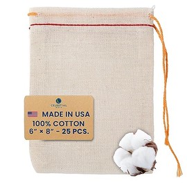 Bolsas de muselina de algodón hechas en los Estados Unidos, 6 x 8 pulgadas, dobladillo rojo, cordón naranja, paquete de 25 unidades
