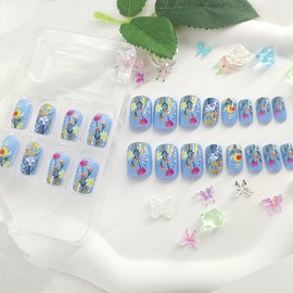 Spring Press on Nails Medium Fake Nails Square with Floral Leaf Dseign Golden Glitter Glue on Nails Blue Full Cover False Nails Glossy Acrylic Nails Cute Artificial Stick on Nails for Women 24 Pcs