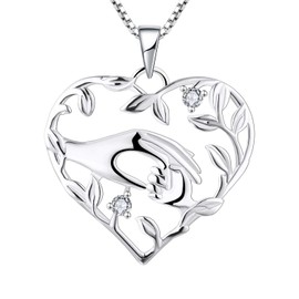 YL Mum Heart Necklace 925 Sterling Silver Mom Hold Child's Hand cut April Birthstone White Cubic Zirconia Pendant Gifts for Mum Women
