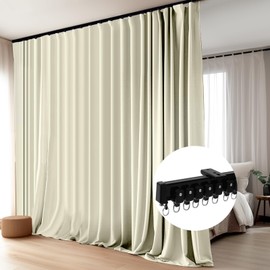 Room Divider Blackout Curtains Flexible Sliding Tracks Sets Ceiling Mounted Rod Window Curtain Privacy Separation for Bedroom Living Rooms,1 Panel Beige Drape and Black Track Set-W144xH96 in