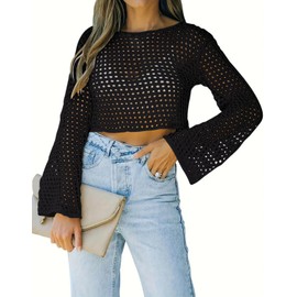 Womens Crochet Crop Top Long Sleeve See Through Hollow Out Mesh Knitted Beach Bikini Cover Ups (Black, Large)