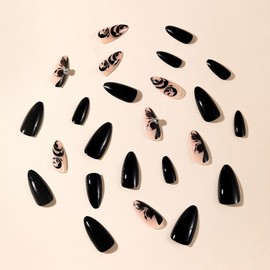Black Press on Nails Almond Medium Fake Nails with Irregular Flower Designs Acrylic Nail Kit Glossy Black Nails Press ons Full Cover Glue on Nails Valentines False Nails for Women Girls 24 Pcs