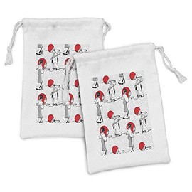 Ambesonne East Fabric Pouch Set of 2, Japanese Geisha Girl with Traditional Style Kimono Folk Culture Illustration, Small Drawstring Bag for Toiletries Masks and Favors, 9" x 6", Black Red