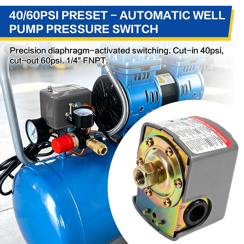 Pressure Switch for Well Pump, 40-60psi, 1/4" FNPT, Adj Diff,