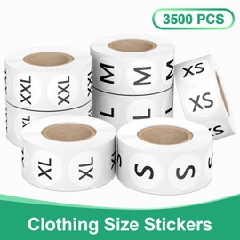 3500 PCS Clothing Size Stickers, 7/8 Inch Round Self Adhesive Size Stickers Labels, White Stickers with Black Text, 7 Rolls, 7 Sizes XS, S, M, L, XL, XXL, XXXL for Clothing T Shirts Retail