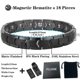 PUJANE Magnetic Bracelets for Men Women, 316L Stainless Steel Clasp Bracelet with Hematite Magnets, Germanium Energy Magnetic Jewelry Gift with Adjustment Tool (Black)