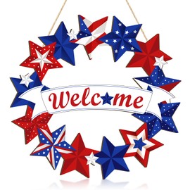 Wooden 4th of July Decoration Door Wreath for Front Door Sign Star Wall Signs, Independence Day Patriotic Day Wreath Welcome Memorial Day Hanging for Home Wall Decor Party Outdoor Indoor
