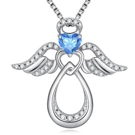 Guardian Angel Necklace Pendant Angel Necklace Sterling Silver Angel Necklace for Women Little Angel Wing Necklace Pendant Women Angel Jewelry Sea Blue Birthstone Necklace March Birthday Gift