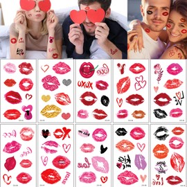 10 Sheets Temporary Tattoo Stickers for Valentine’s Day Men Women Party Face Body Sleeve Makeup Decor Decals Waterproof Fake Tattoos Stickers Red Black Heart Love Lips Rose Kiss Mark Decorations