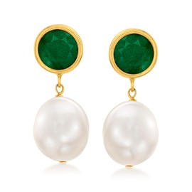 Ross-Simons 9.5-10mm Cultured Pearl and 3.50 ct. t.w. Emerald Drop Earrings in 14kt Yellow Gold