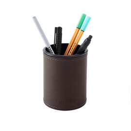 eglooh - Orfeo - Desk Round Pen Holder Design Made of Leather Dark Brown cm 7 x 7 H.9 - Handmade Stitching and Strong Structure - Made in Italy