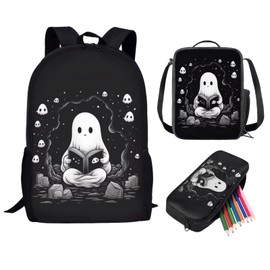 BYCHECAR Ghost Backpack for School Girls Ages 6-8 8-10 10-12,Skull School Bag Lunch Box Pencil Case,Kindergarten Elementary Boys Kids Book Bags with Lunch Bag Set 3 in 1