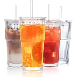 DWTS DANWEITESI 17oz Vertical Stripes Glass Coffee Cups with Lid & Straw Set of 4 Premium Drinking Glasses Thickened Glass for Iced Coffees Cocktails Juices Family Use & Parties Leak Proof Design Tumblers - Beverage:_4Pack