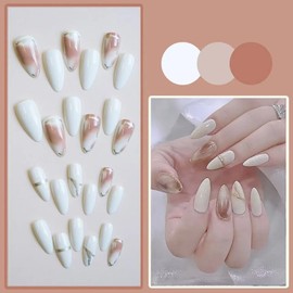 Ztcily Künstliche Nägel, kurz, Mandel, Weiß und Rosa, künstliche Nägel, selbstklebend, für Damen, Mädchen, Zubehör oder Geschenkidee für Weihnachten, Neujahr, Valentinstag, Hochzeit