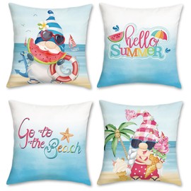 COZZSNUGE Beach Coastal Cushion Covers Blue Pink Gnomes Watermelon Summer Velvety Decorative Pillowcases for Sofa Bed Home Patio 45 x 45 cm Set of 4