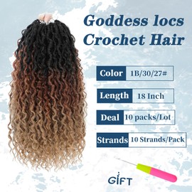 Geladyce 10 Packs 18 inch Goddess Faux Locs Crochet Hair, Goddess Locs Crochet Hair for Black Women, Culy Boho Style Braids (1B/30/27, 18 inch)