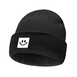Fiohiros Baby Beanie for Kids, Soft Knit Winter Hat, Smiley Face Design Stretchy Toddler Hat (AU, Age, 2 Years, 6 Years, Black)