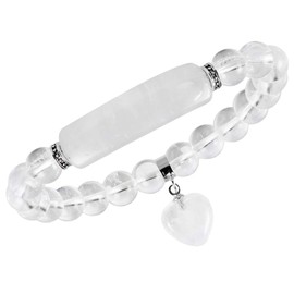 KYEYGWO 8 mm Crystal Stone Beads Bracelet for Unisex, Elastic Chakra Bracelet with Heart Shape Pendant for Yoga Reiki, Rock crystal, Crystal