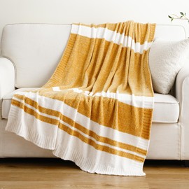 BATTILO HOME Mustard Yellow Throw Blanket for Bed, Soft Chenille Knitted Throws for Sofa Chair, Yellow Bed Throws, Fall Throw Blanket,130x170cm