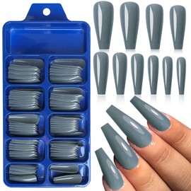 EternalClassic Dark Gray Acrylic Press on Nails Long Coffin Press on Nails 100pcs Fake Nails Kit Full Cover Nails Press ons Ballerina False Nails Sets Glossy Stick on Nails for Women