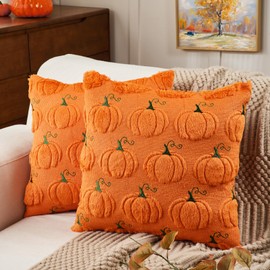 Emvency Fall Throw Pillow Covers 18x18 Set of 2, Autumn Orange Pumpkin with Green Harvest Decorations Pillow Cases Soft Plush Faux Fur Wool Couch Cushion for Couch Bed Sofa Living Room Home Decor