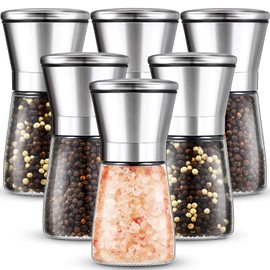 Set of 6 Salt and Pepper Grinder Stainless Steel Sea Salt Grinder Ceramic Salt and Pepper Shaker with Adjustable Coarseness Refillable Pepper Grinder Mill Glass Pepper Mill 6.3 oz Salt Mill Spice Mill