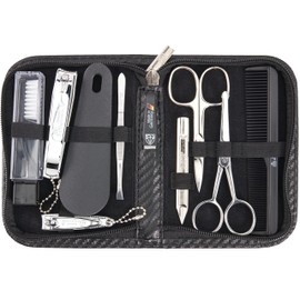 DREI SCHWERTER - Germany 10-Piece Manicure Set Nail Set Case in Faux Leather Carbon Look | 'Monza' | Contents: Nail Scissors, Comb, Nose Scissors, Sapphire Nail File, Nail Clippers, Toenail Clippers