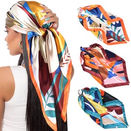 3 Pack Large Square Scarf, Headscarf for Women's Hair, Smooth Satin Scarves, Silk Head Scarf with Classic Patterned for Sleep, Beach or Gift - for Daily Wear, Parties or Decoration- 90 * 90cm