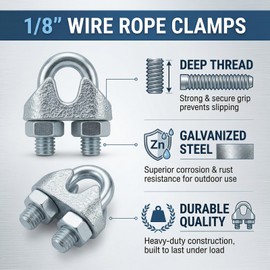 Ciyivak 20 PCS 1/8 Inch Wire Rope Clamp Clip, M3 Galvanized Cable Clamps for Tent Ropes, Boat, Clotheslines, Guy Line, Metal Fence, Rigging Hardware, U-Bolt Saddle Fasteners