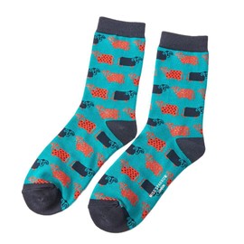 Miss Sparrow Cute Cows on Teal Womens Novelty Ankle Socks Adult One Size