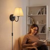 Plug in Wall Sconces with White Fabric Shades, Black Wall