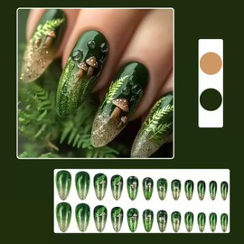 Green Press On Nails Medium Almond Fake Nails Gradient Acrylic Nails Press Ons With Cute Mushroom Designs Gold Glitter False Nails Full Cover Gue On Nail Glossy Stick On Nail For Women