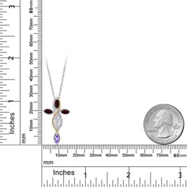 Cross Necklace For Women In 925 Silver and 10K Yellow Gold with White Moissanite and Garnet and Blue Tanzanite | 1.43 Cttw | Jesus Christian Religious Crucifix | Marquise 8X4MM | With 18 Inch Chain