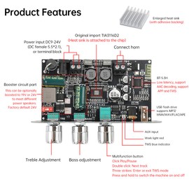 Diymore ZK-1001U Mono Amplifier Board, Bluetooth 5.3 100W TPA3116D2 Audio Amp Module with TWS, Treble Bass Control, USB AUX Input, DC 9-24V for Car DIY Home Outdoor Speakers