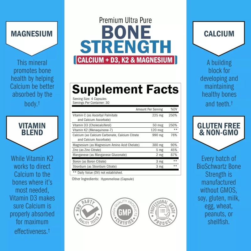 Bone Strength Calcium Supplement w/ Calcium, Vitamin D3, K2, C,