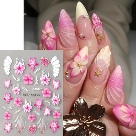 5D Embossed Flower Nail Art Stickers Decals 6 Sheets 3D Self Adhesive Lily Hibiscus Floral Nail Supplies Acrylic Flowers Nail Charms for Manicure Decoration