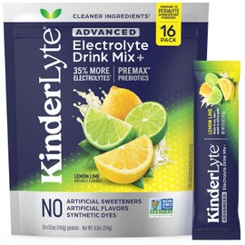 Kinderlyte Advanced Electrolyte Powder Drink Mix, Hydration Packets, PreMax Prebiotics, No Artificial Sweeteners or Flavors, No Synthetic Dyes, Non-GMO, for Kids and Adults, Lemon Lime (16 Count)